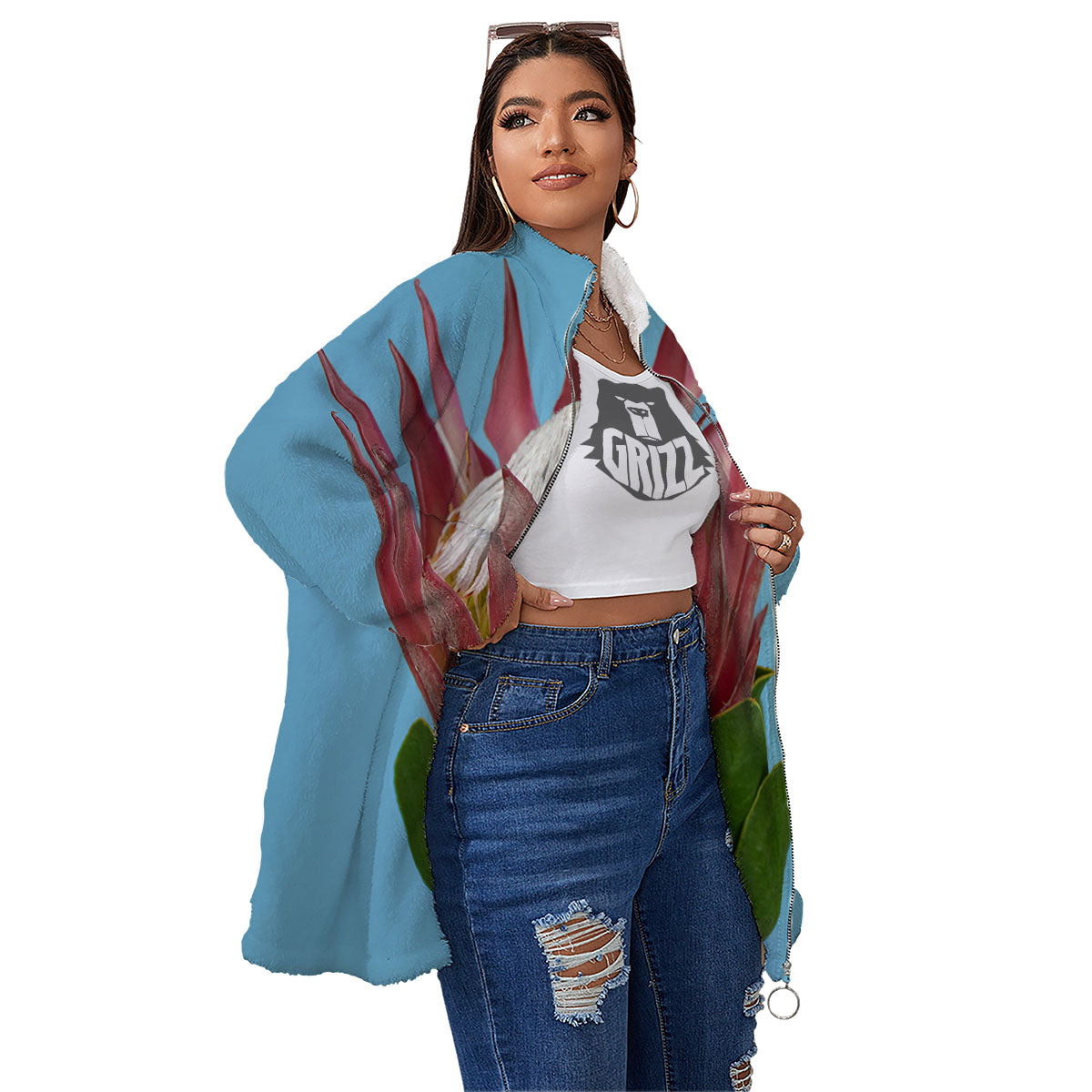 Flower Protea Print Women's Sherpa Jacket-grizzshop