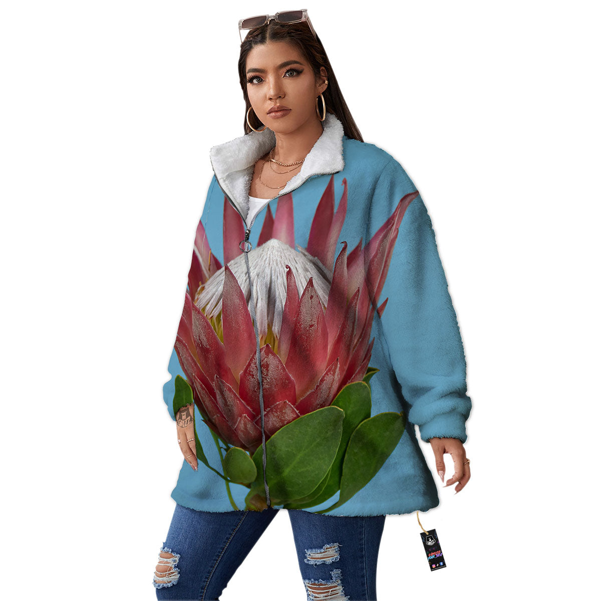 Flower Protea Print Women's Sherpa Jacket-grizzshop