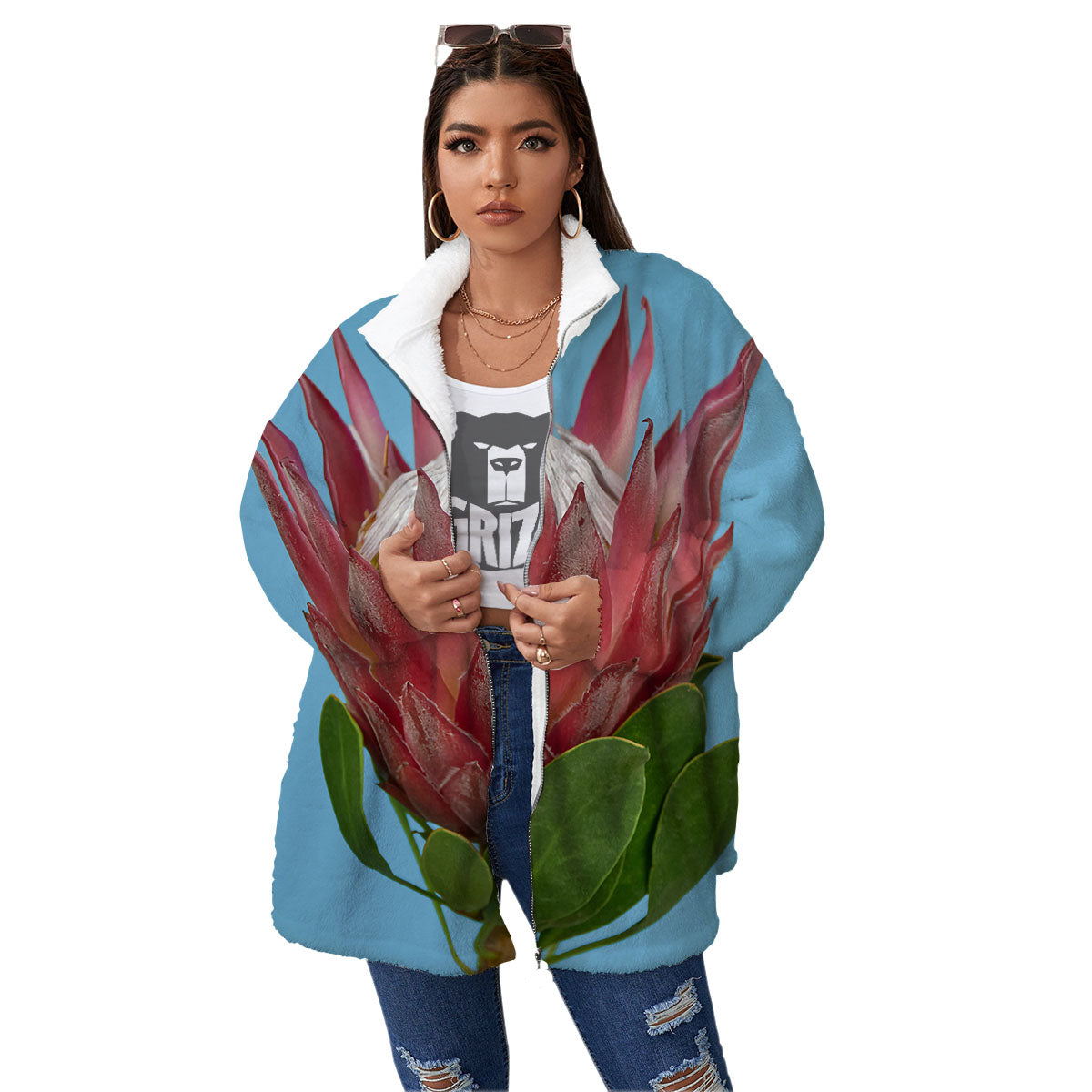 Flower Protea Print Women's Sherpa Jacket-grizzshop
