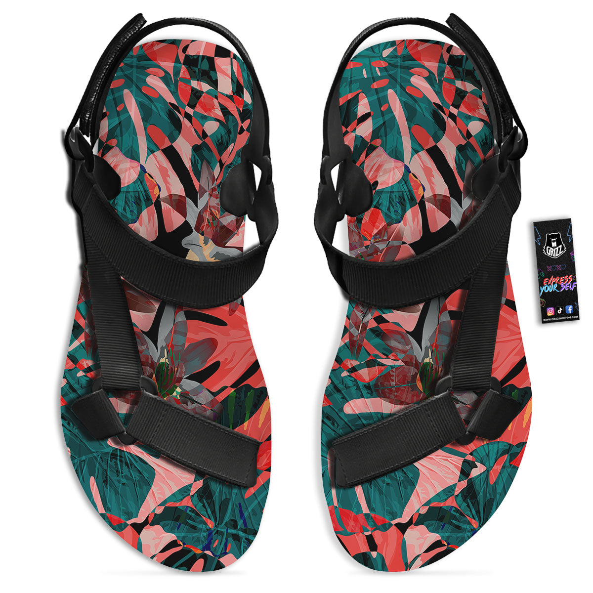 Flower Psychedelic Hawaiian Print Black Open Toe Sandals-grizzshop