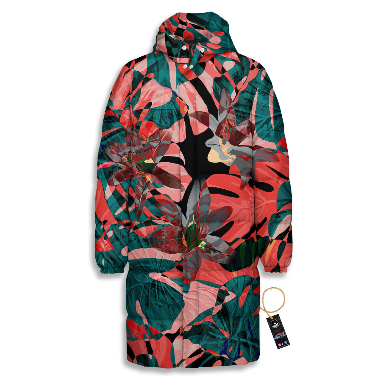 Flower Psychedelic Hawaiian Print Long Down Jacket-grizzshop