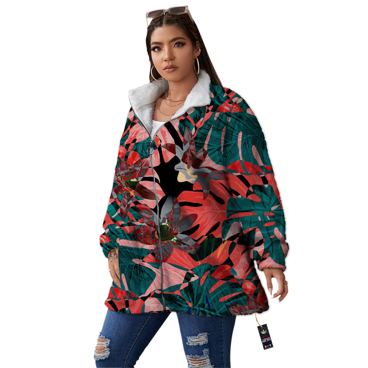 Flower Psychedelic Hawaiian Print Women's Sherpa Jacket-grizzshop