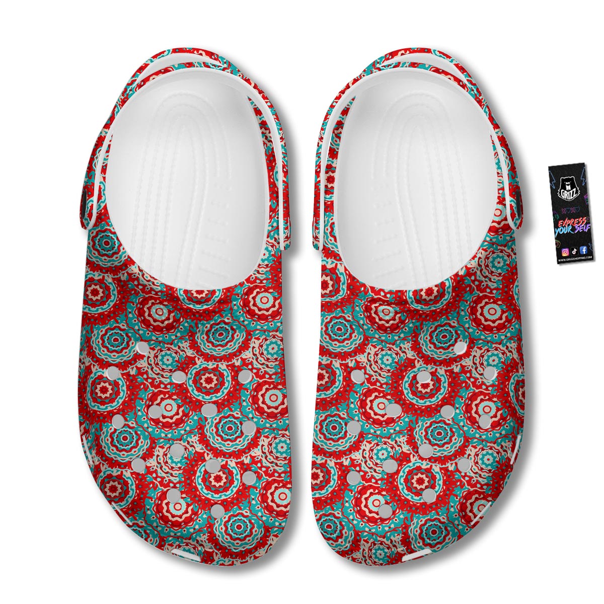 Flower Red Boho Print Pattern Clog-grizzshop