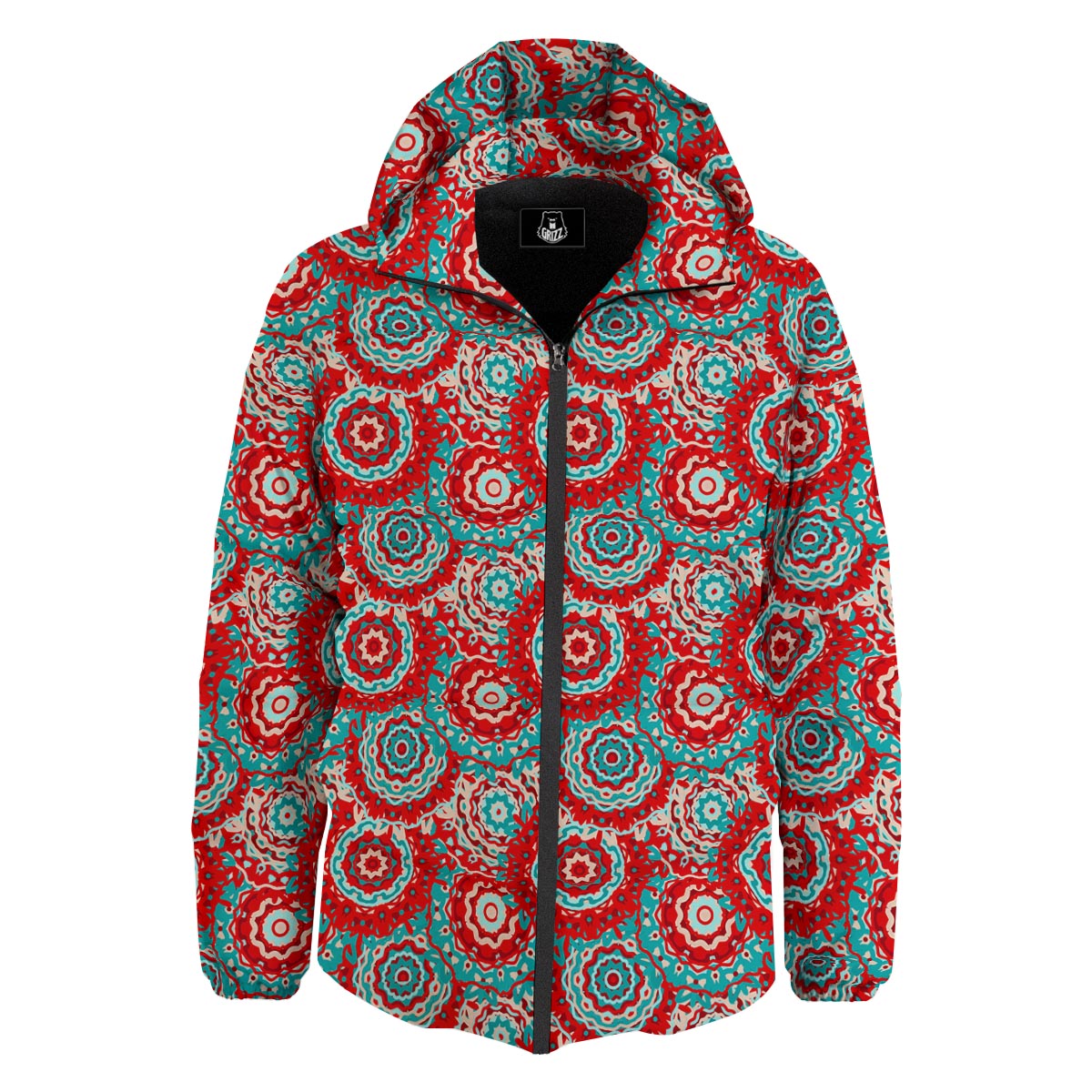 Flower Red Boho Print Pattern Down Jacket-grizzshop