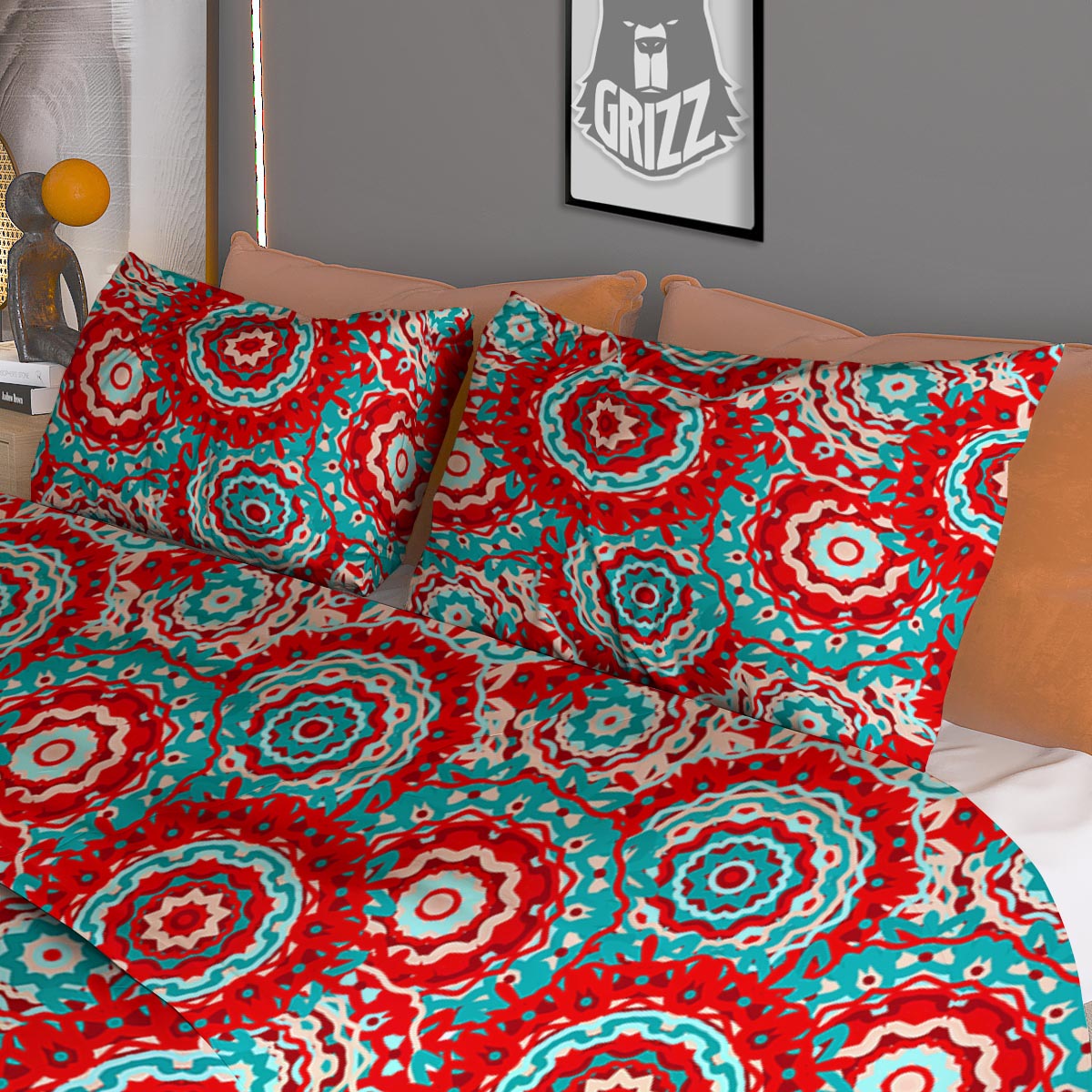 Flower Red Boho Print Pattern Duvet Cover Bedding Set-grizzshop