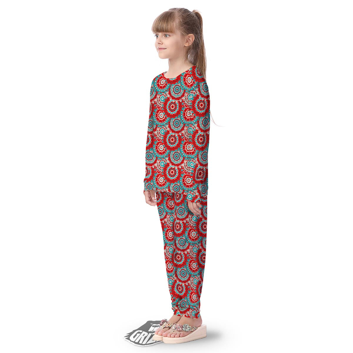 Flower Red Boho Print Pattern Kid's Pajamas-grizzshop