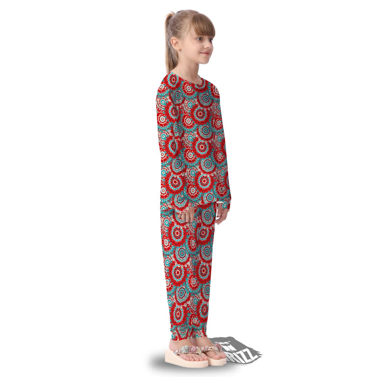 Flower Red Boho Print Pattern Kid's Pajamas-grizzshop