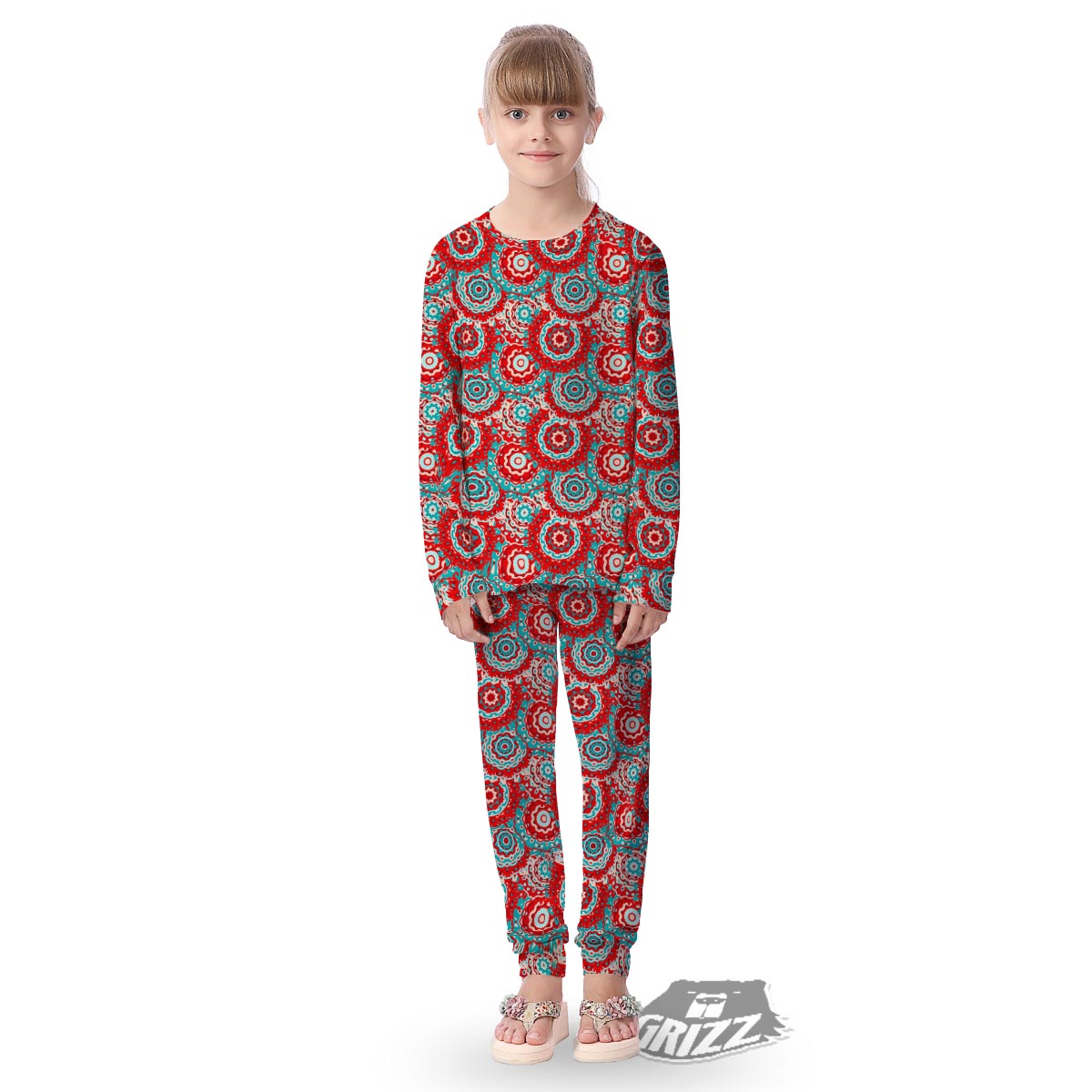 Flower Red Boho Print Pattern Kid's Pajamas-grizzshop