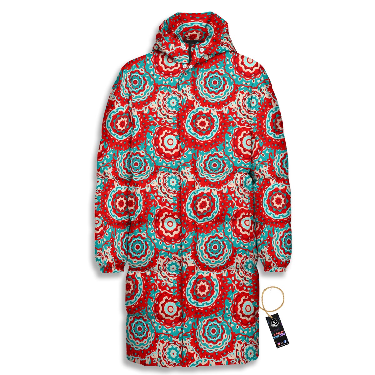 Flower Red Boho Print Pattern Long Down Jacket-grizzshop