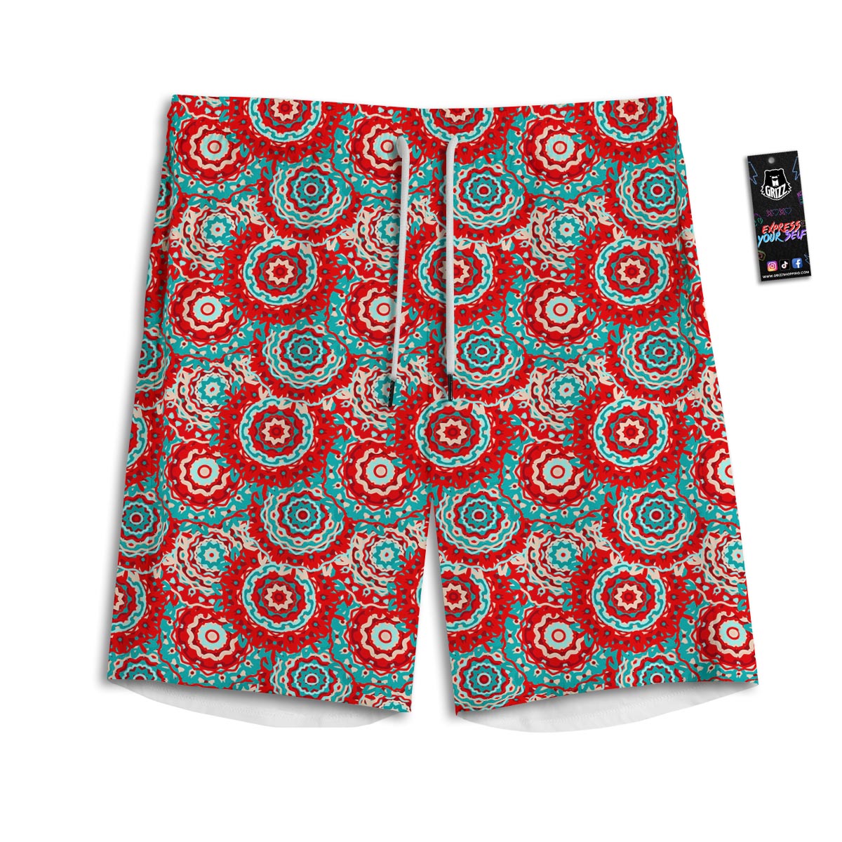 Flower Red Boho Print Pattern Men's Athletic Shorts-grizzshop