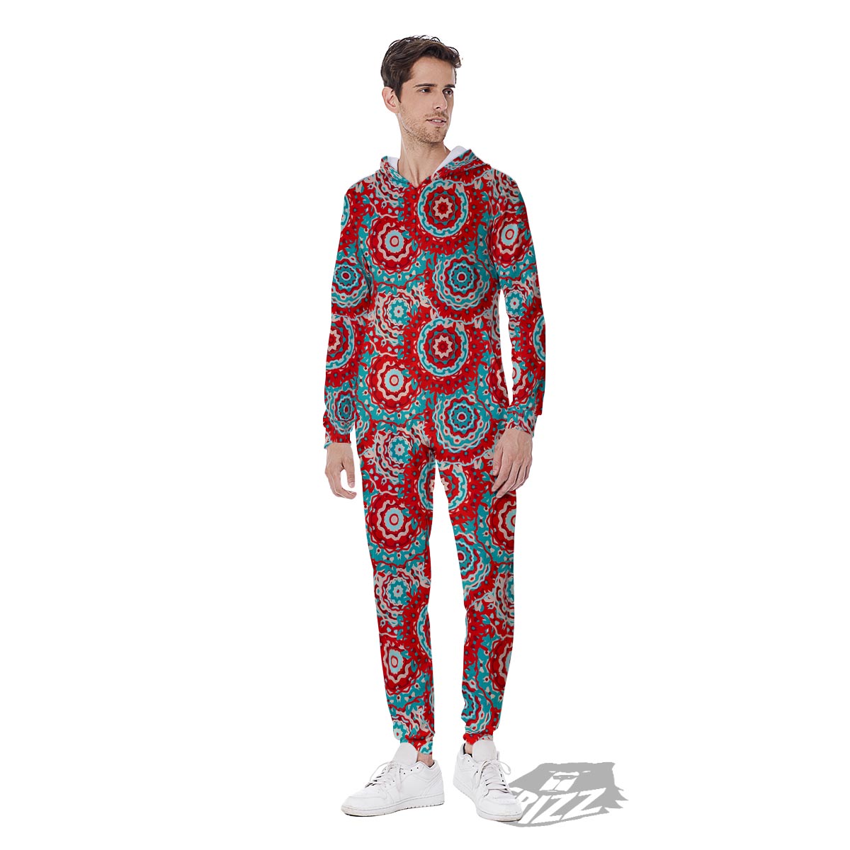 Flower Red Boho Print Pattern Men's Jumpsuit-grizzshop