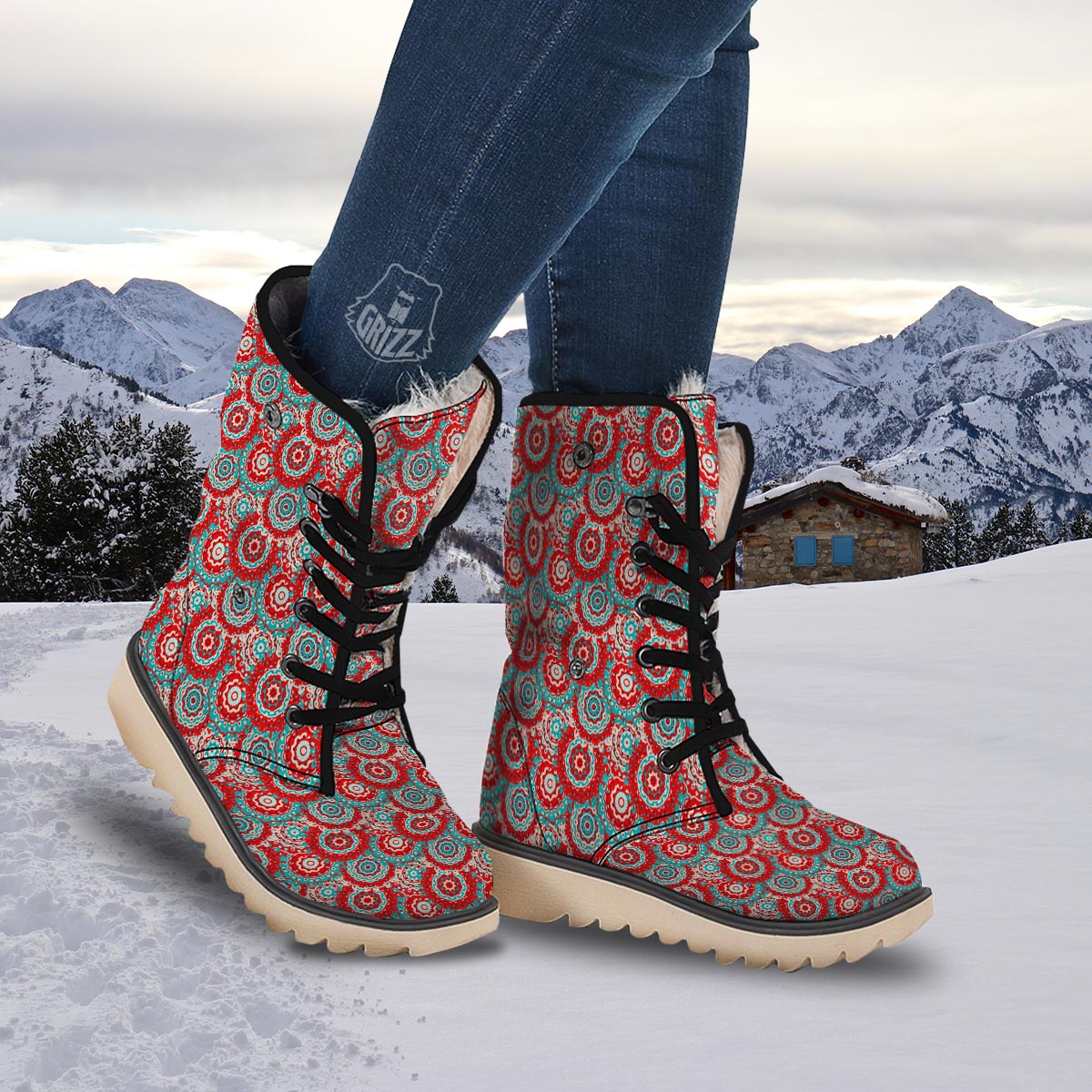 Flower Red Boho Print Pattern Snow Boots-grizzshop