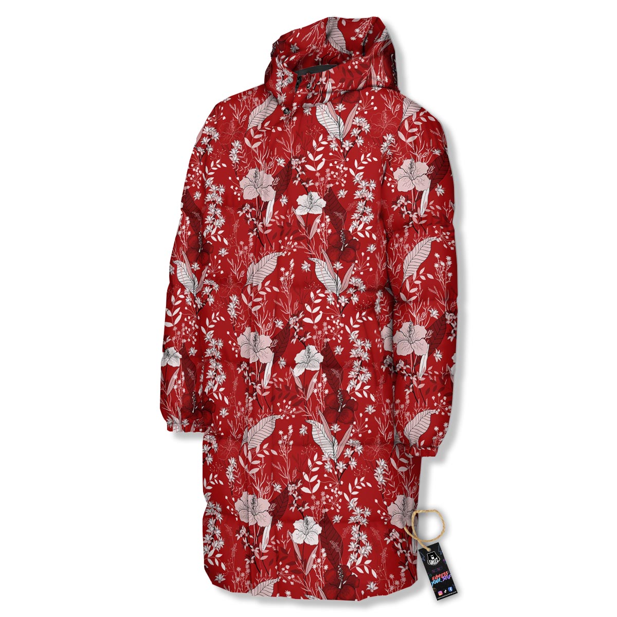 Flower Red Japanese Print Pattern Long Down Jacket-grizzshop