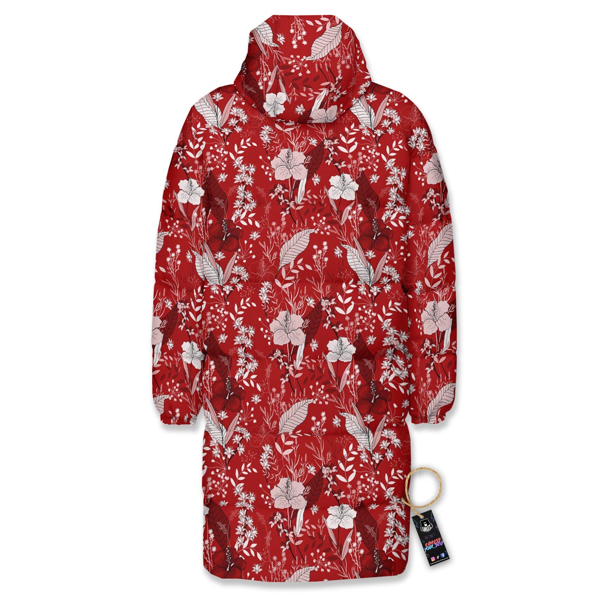 Flower Red Japanese Print Pattern Long Down Jacket-grizzshop