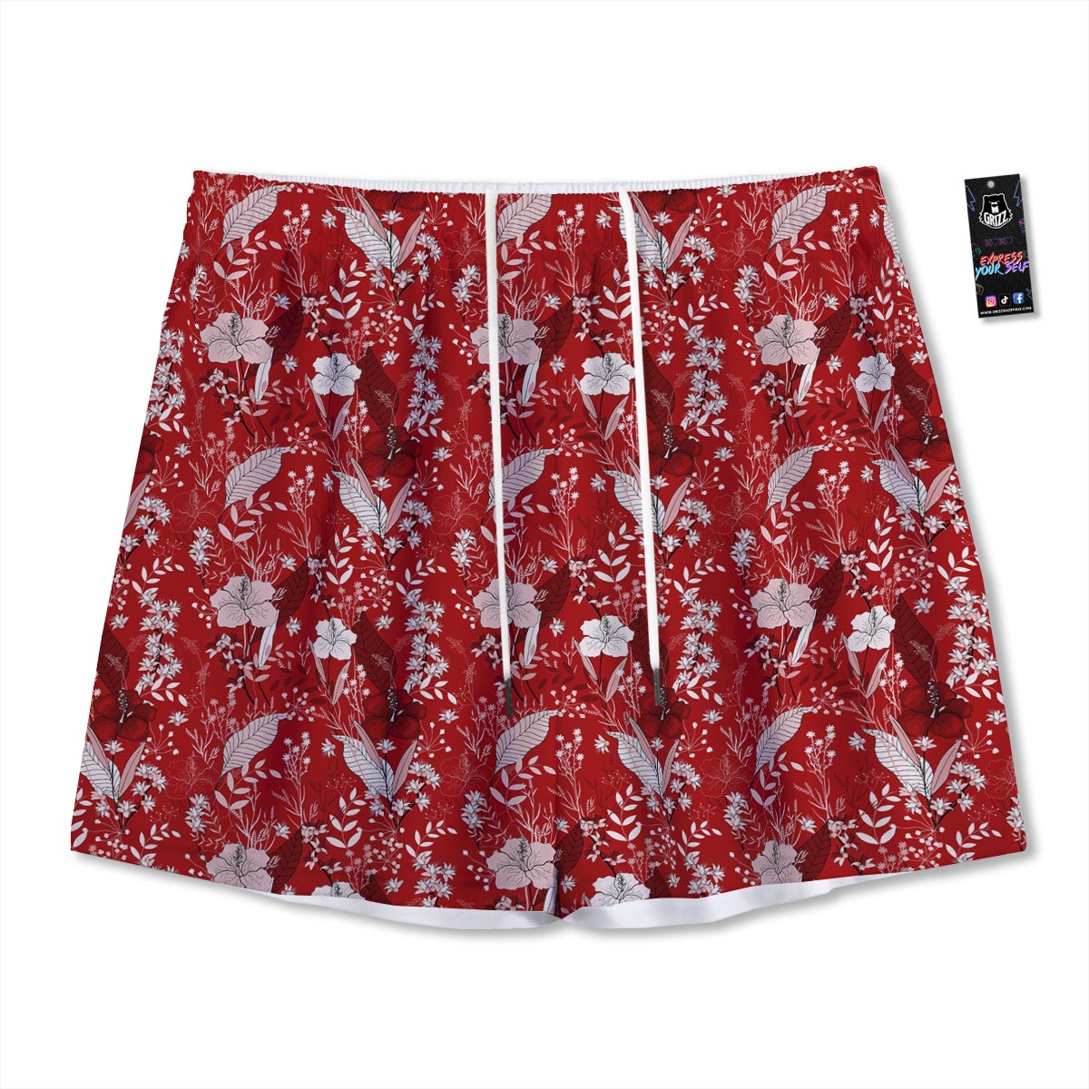 Flower Red Japanese Print Pattern Mesh Shorts