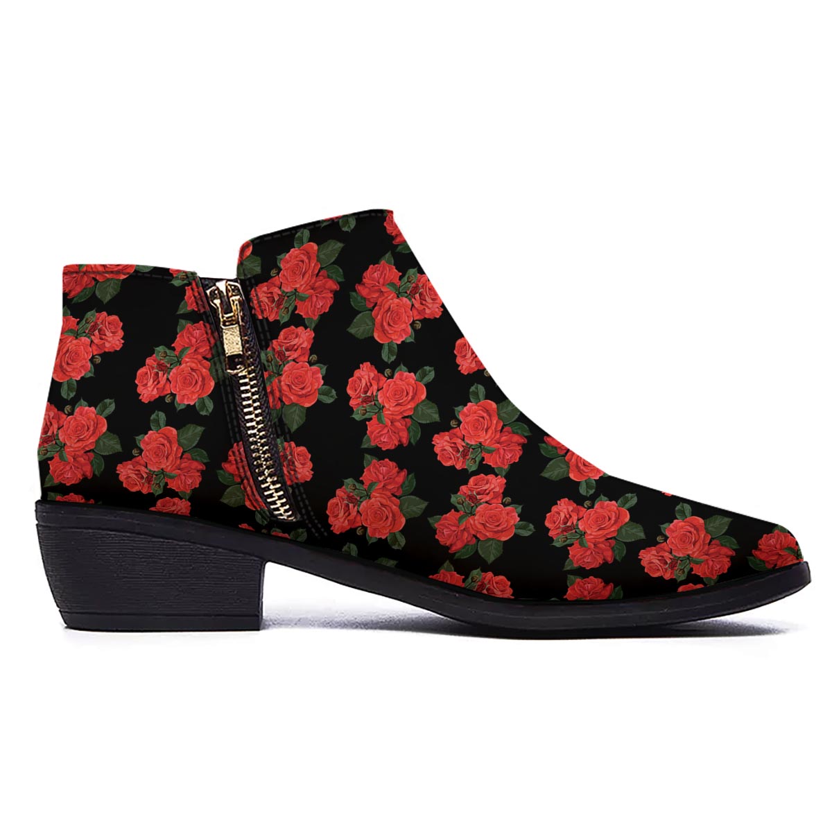 Flower Red Rose Print Pattern Ankle Boots-grizzshop