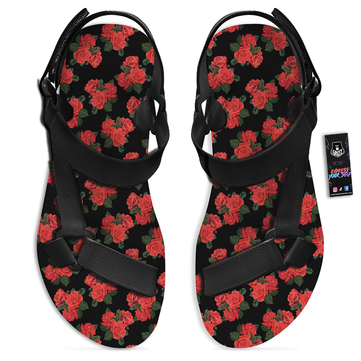 Flower Red Rose Print Pattern Black Open Toe Sandals-grizzshop