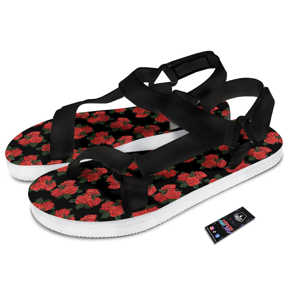 Flower Red Rose Print Pattern Black Open Toe Sandals-grizzshop