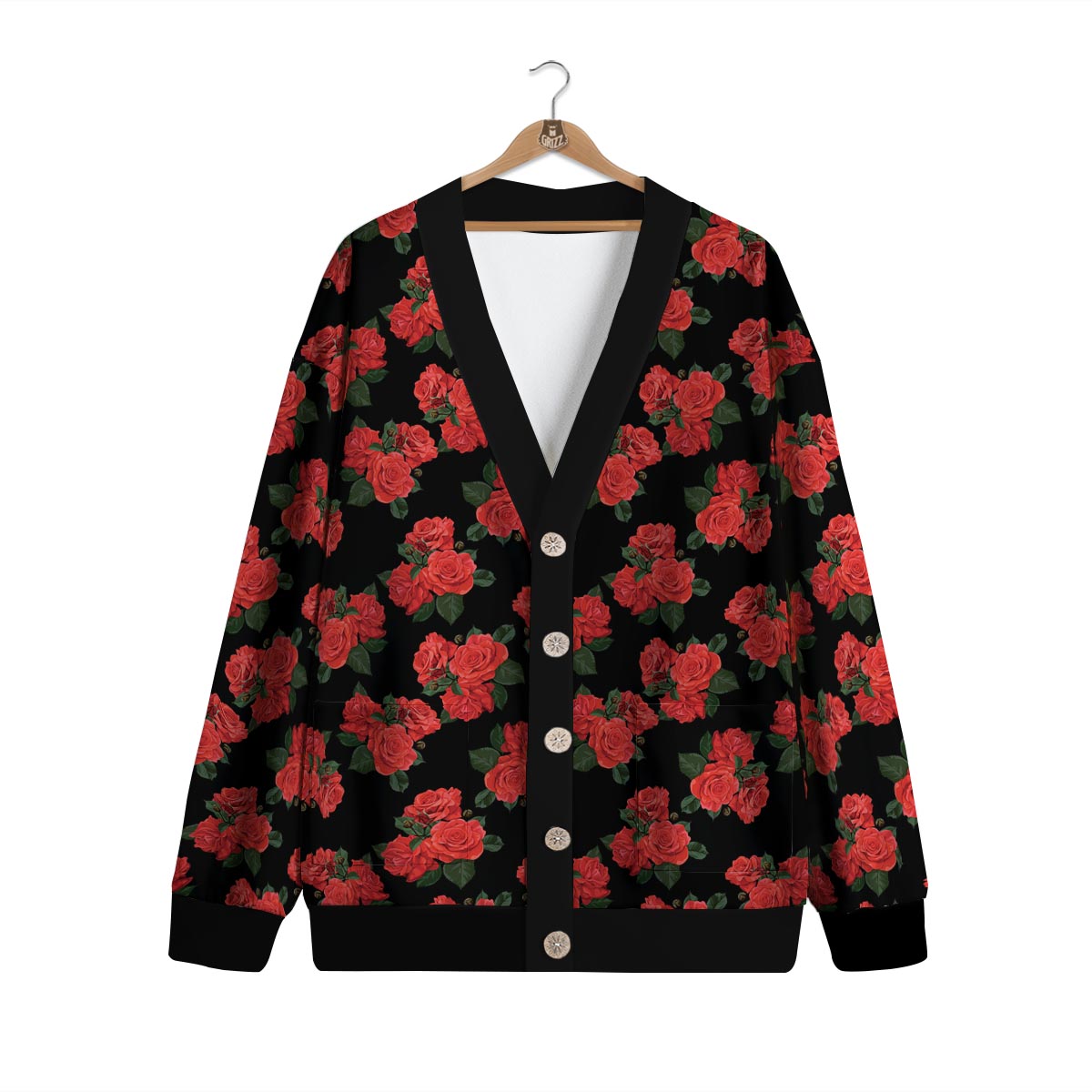 Flower Red Rose Print Pattern Cardigan-grizzshop
