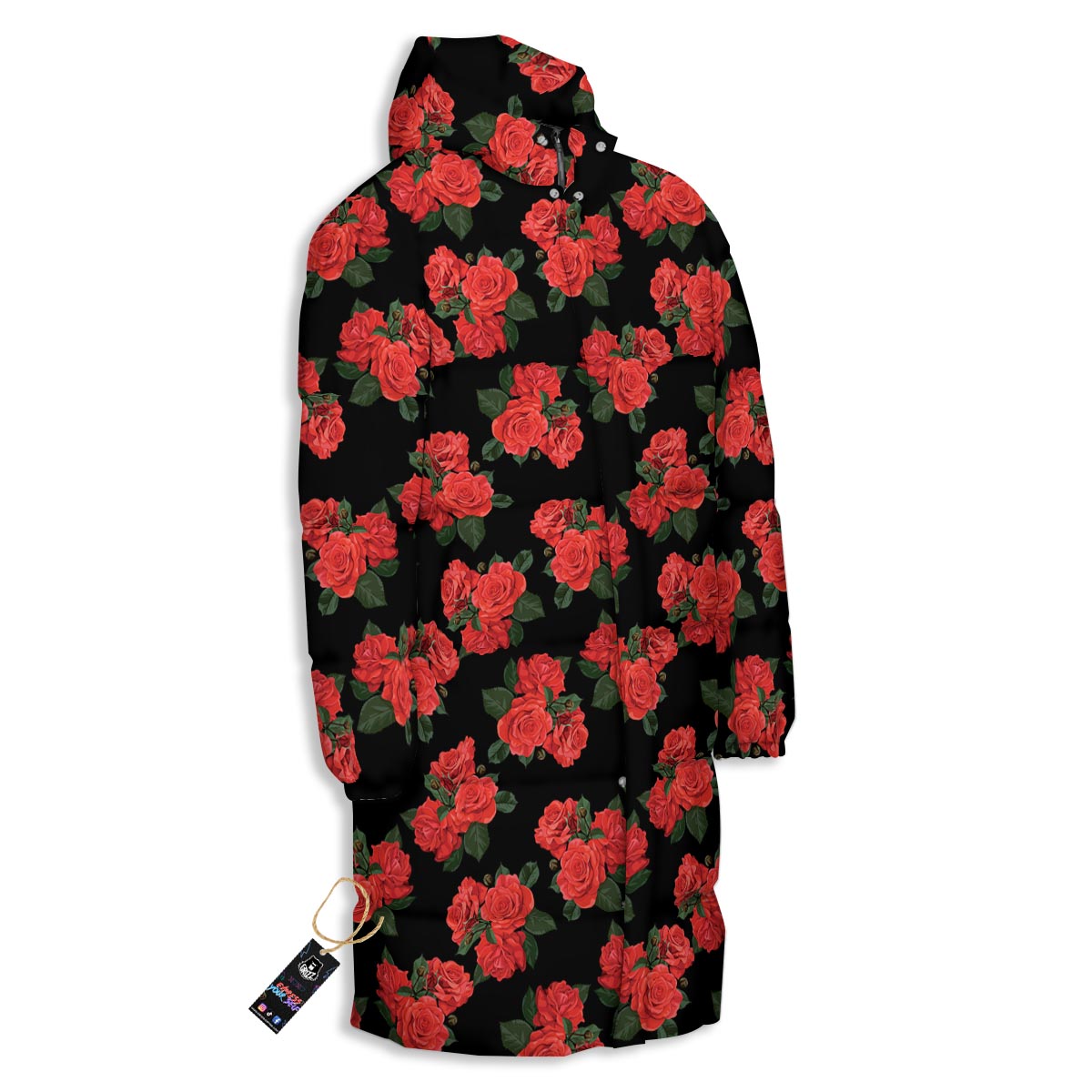 Flower Red Rose Print Pattern Long Down Jacket-grizzshop