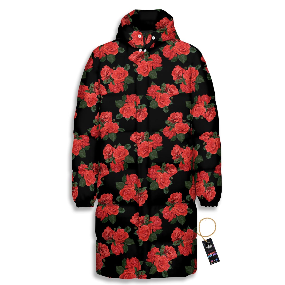 Flower Red Rose Print Pattern Long Down Jacket-grizzshop