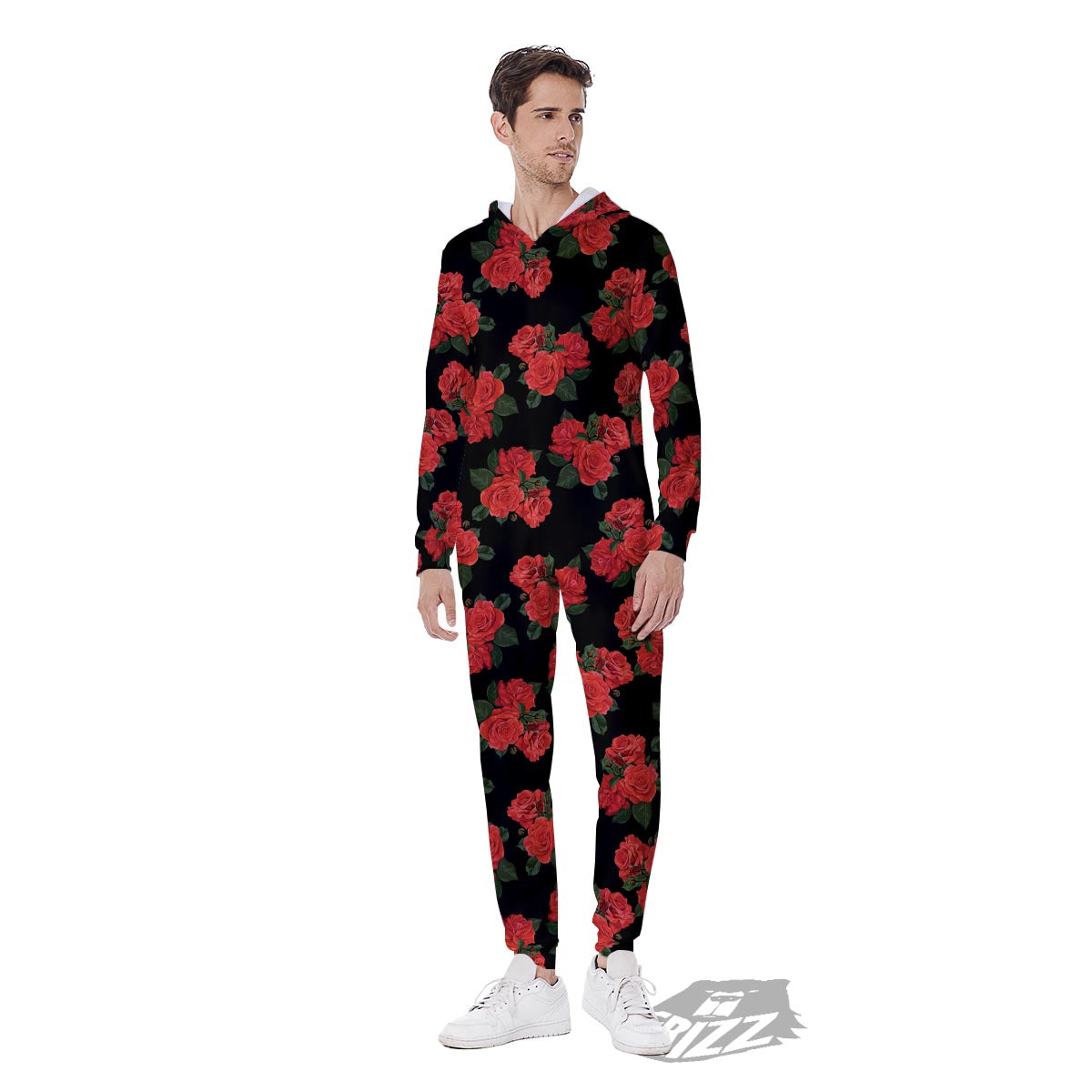 Flower Red Rose Print Pattern Men's Jumpsuit-grizzshop