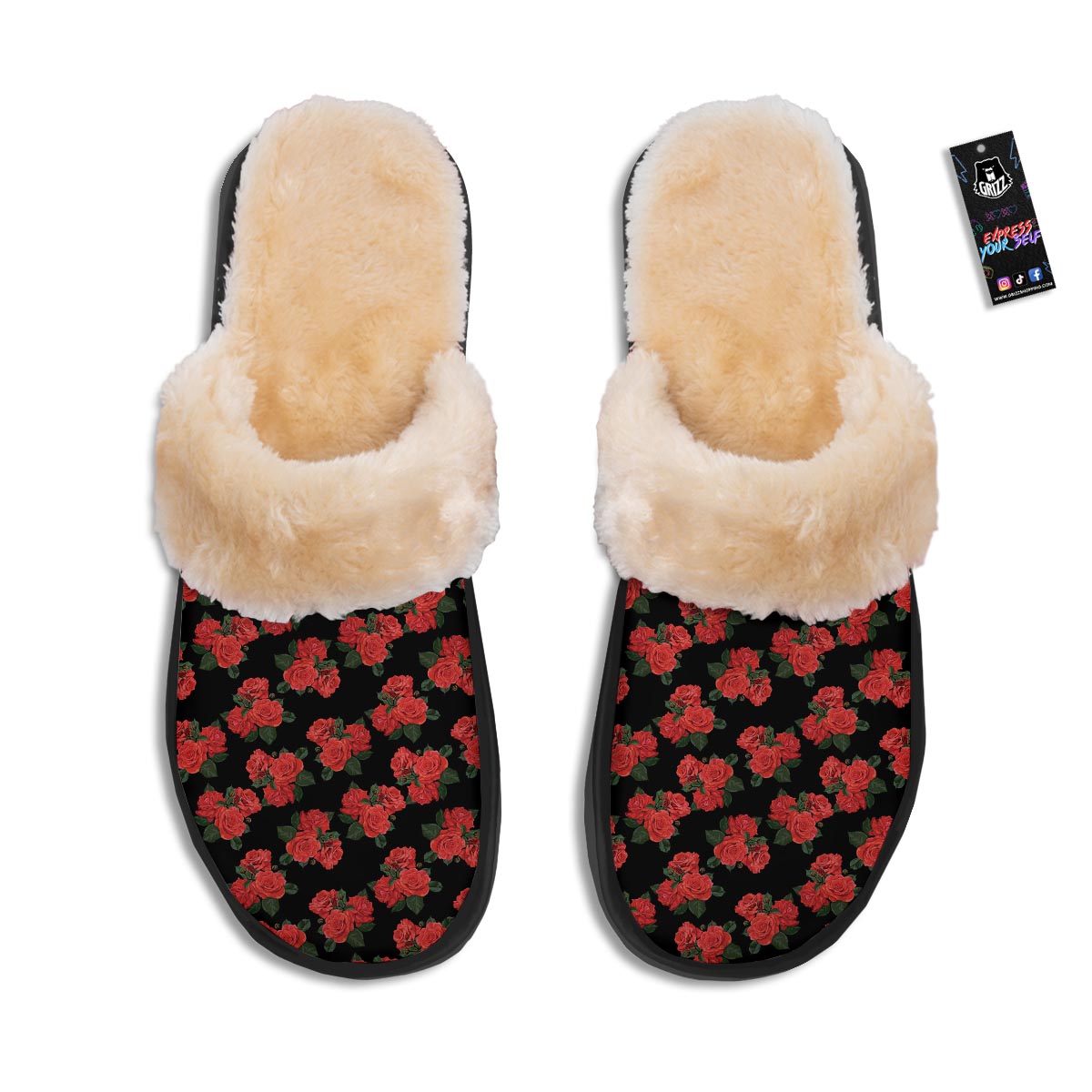 Flower Red Rose Print Pattern Slippers-grizzshop