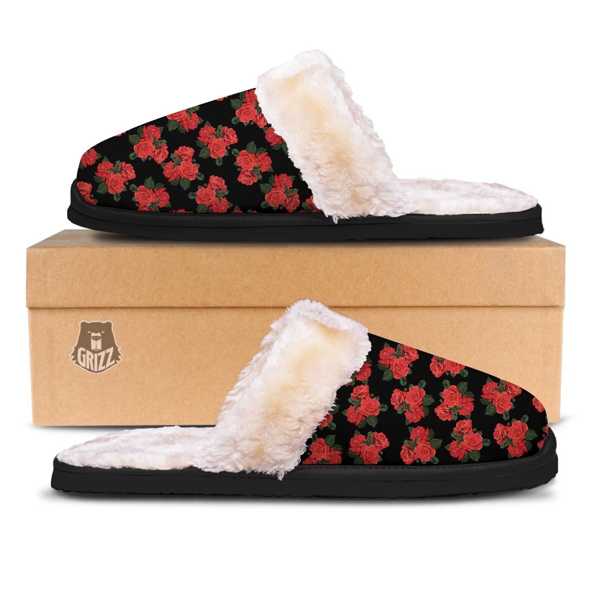 Flower Red Rose Print Pattern Slippers-grizzshop