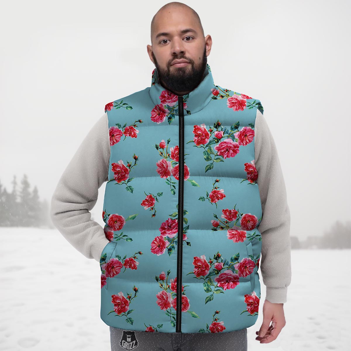 Flower Roses Floral Print Pattern Down Vest-grizzshop
