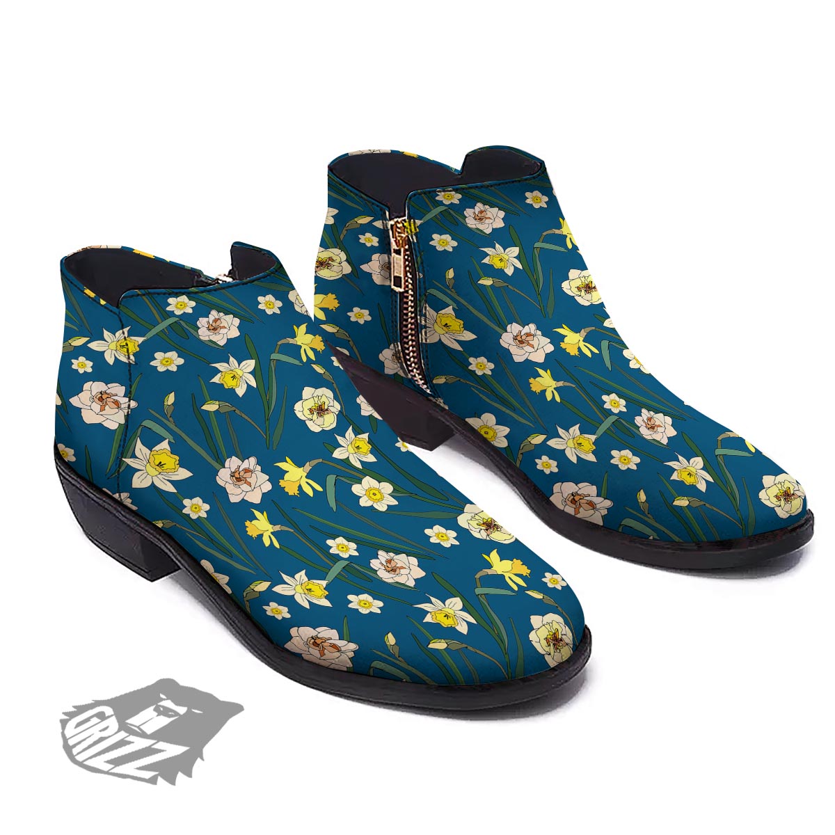 Flower Spring Daffodil Print Pattern Ankle Boots-grizzshop