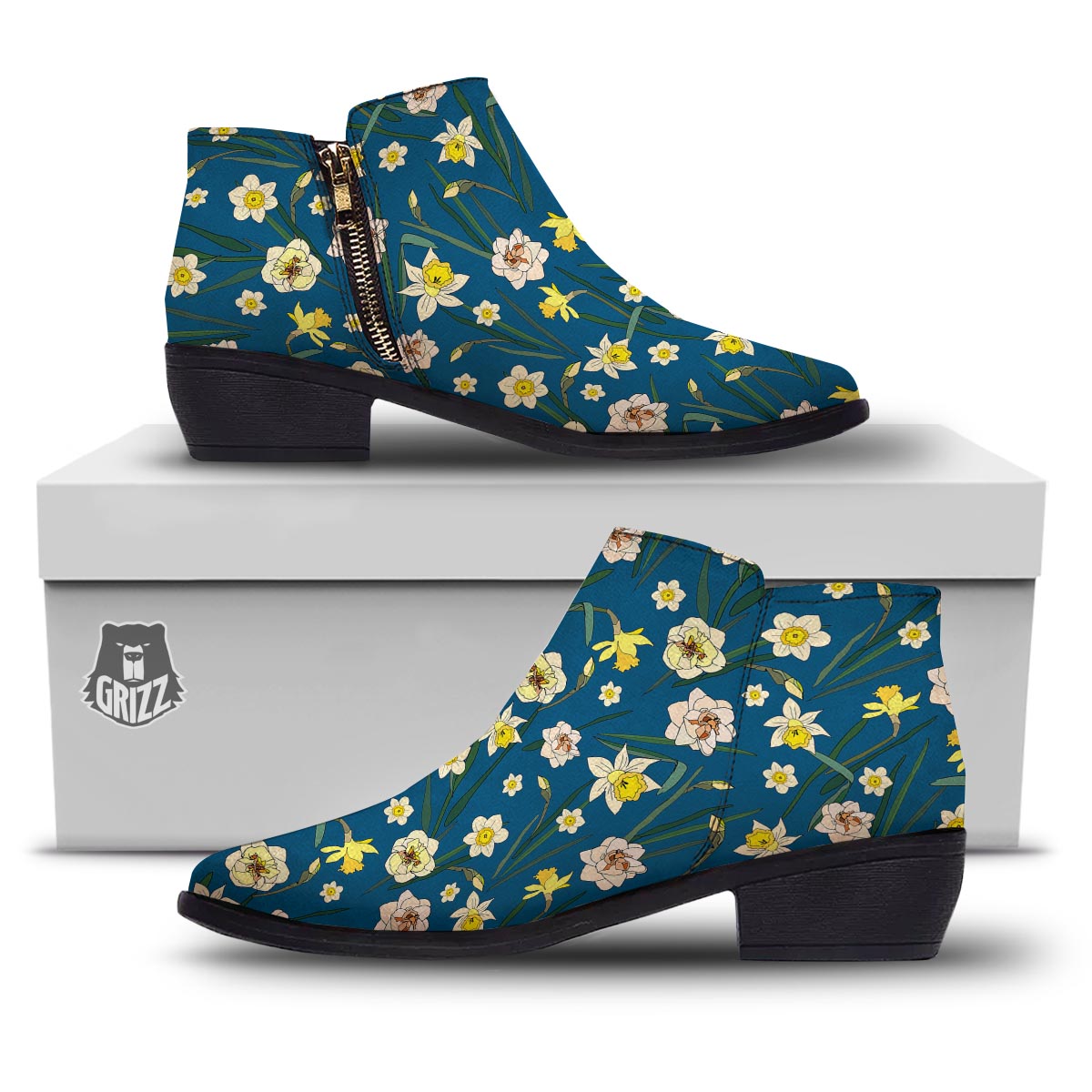 Flower Spring Daffodil Print Pattern Ankle Boots-grizzshop