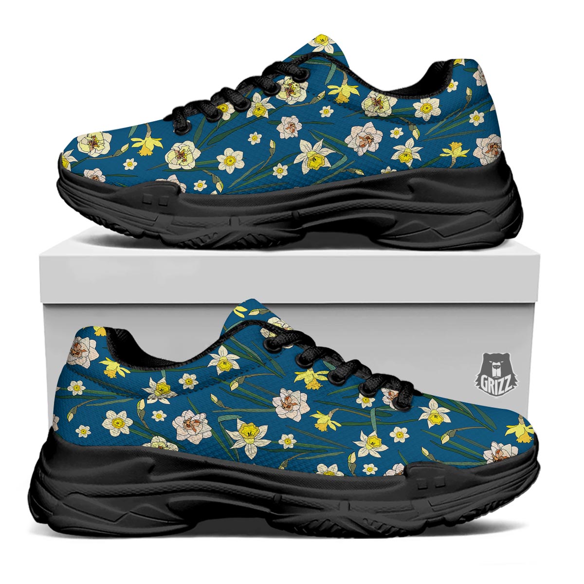 Flower Spring Daffodil Print Pattern Black Chunky Shoes-grizzshop
