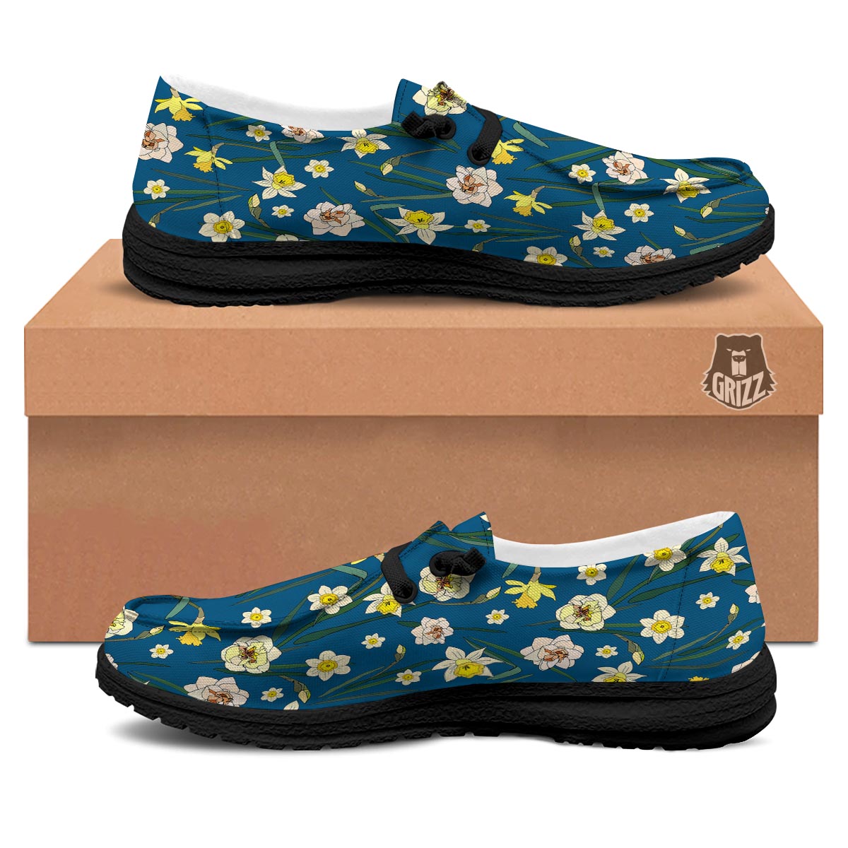 Flower Spring Daffodil Print Pattern Black Loafers-grizzshop