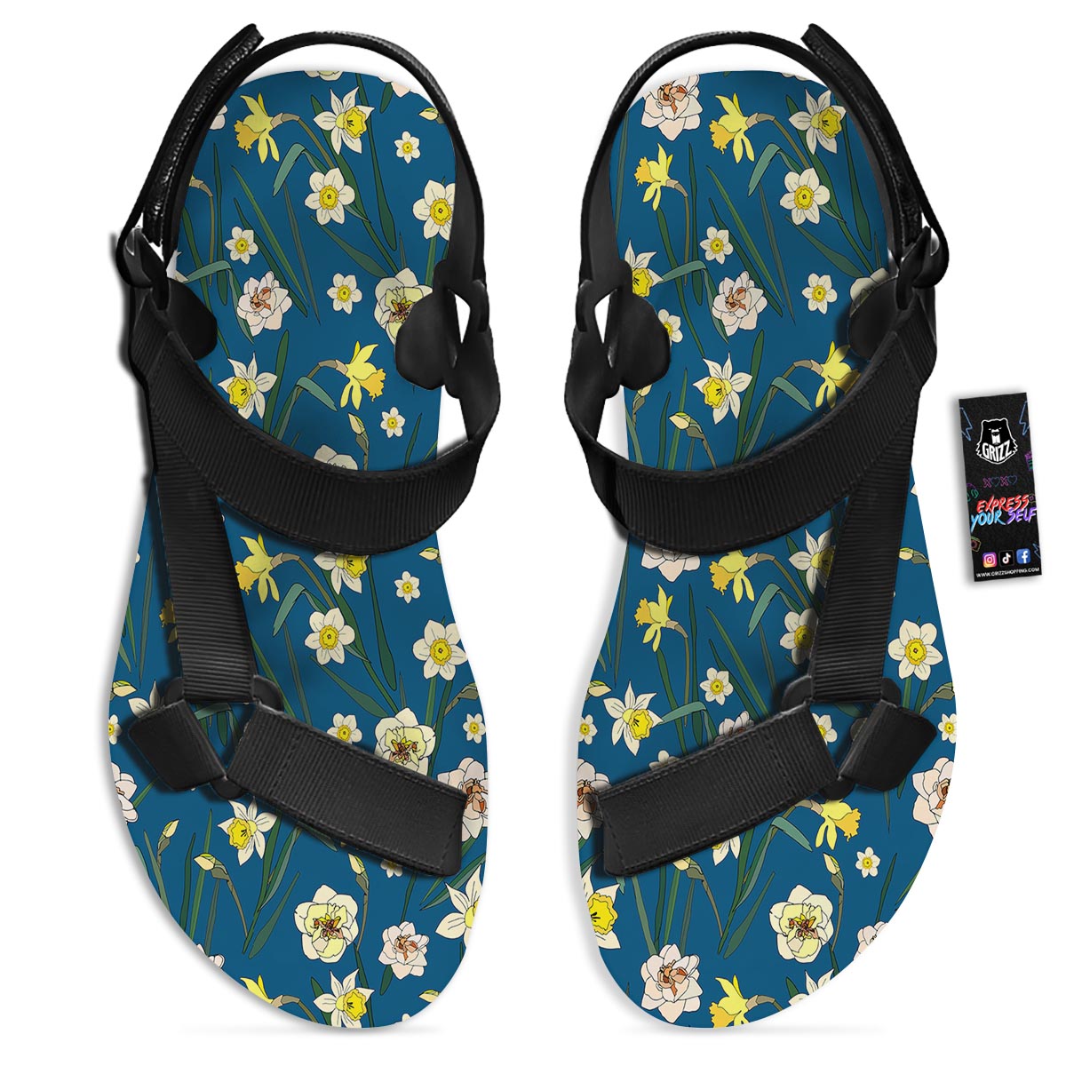 Flower Spring Daffodil Print Pattern Black Open Toe Sandals-grizzshop