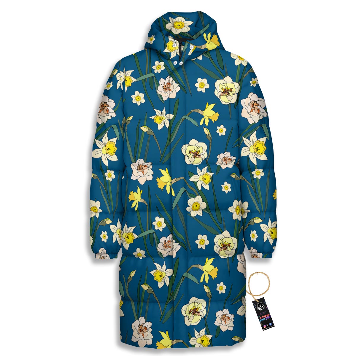Flower Spring Daffodil Print Pattern Long Down Jacket-grizzshop