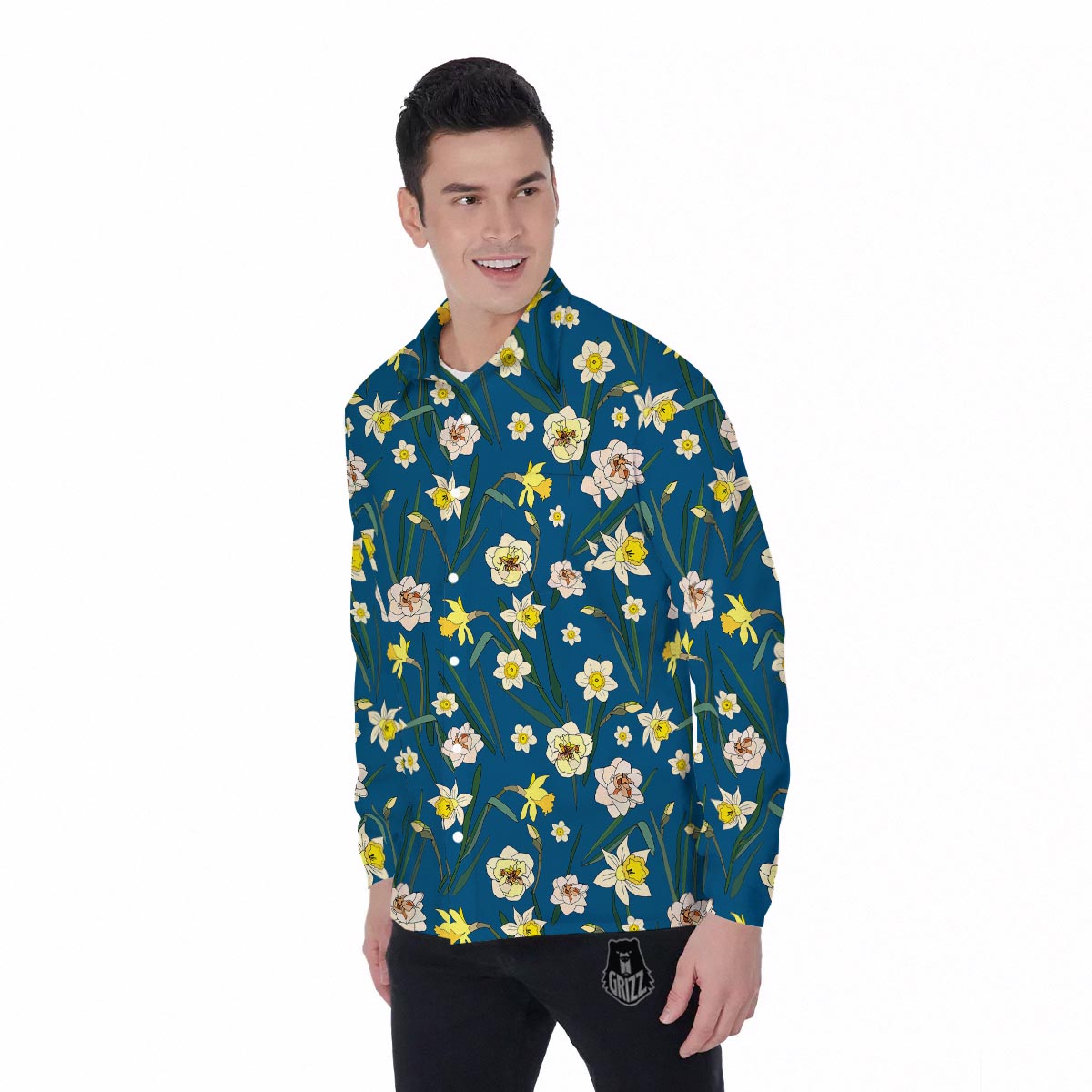 Flower Spring Daffodil Print Pattern Men's Long Sleeve Shirts-grizzshop