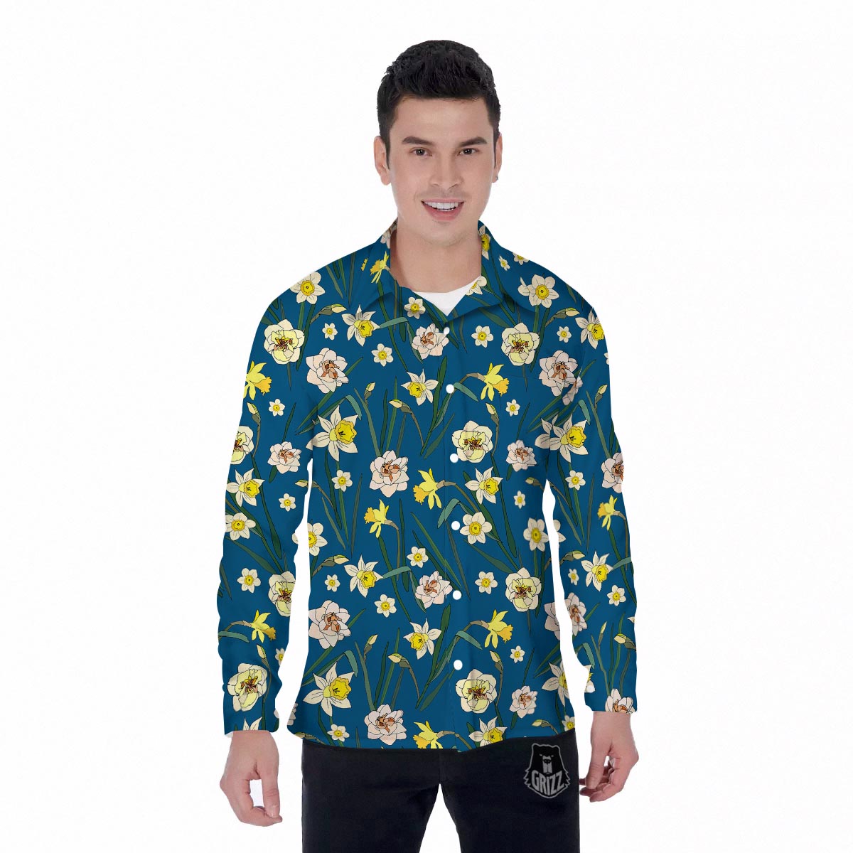 Flower Spring Daffodil Print Pattern Men's Long Sleeve Shirts-grizzshop
