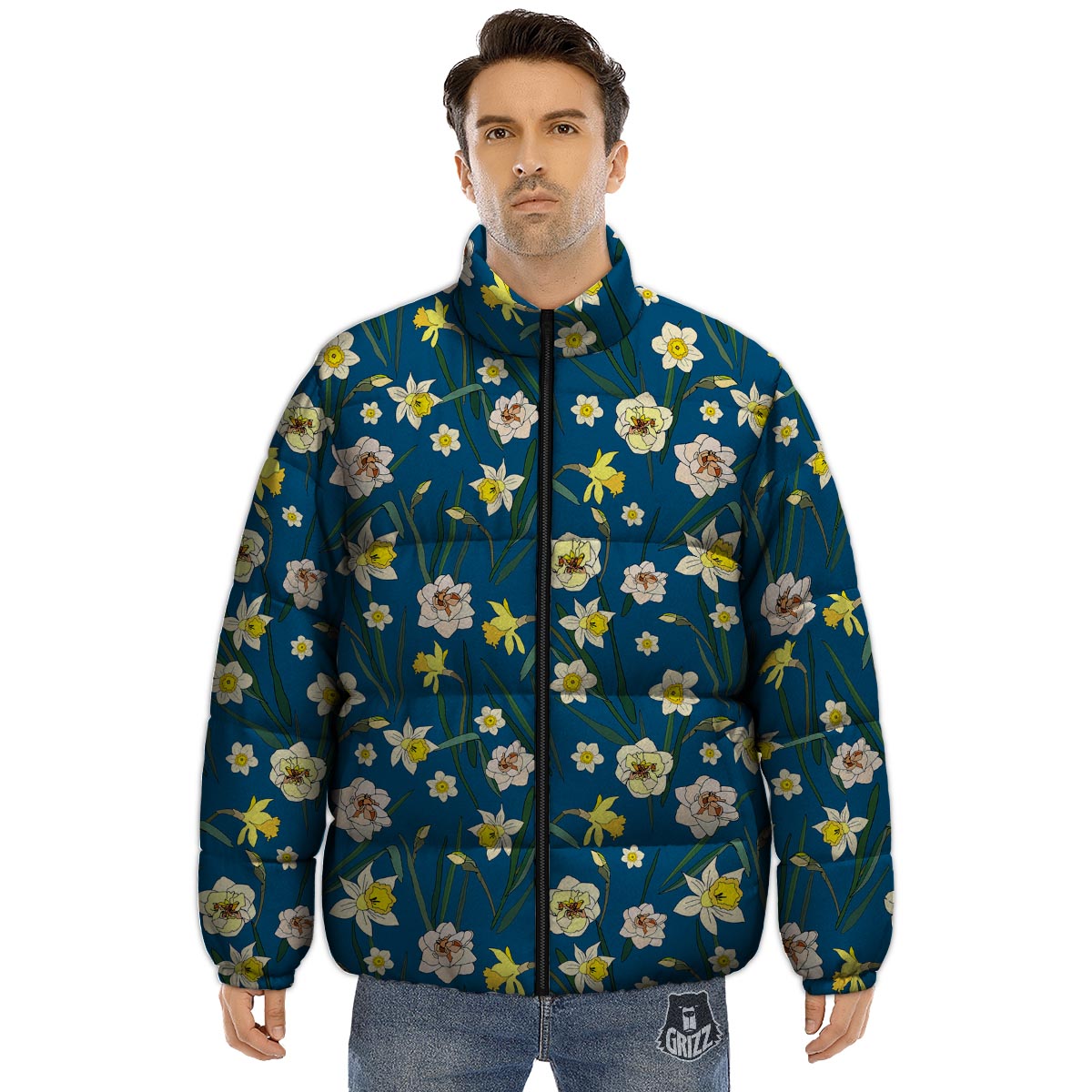 Flower Spring Daffodil Print Pattern Puffer Jacket-grizzshop