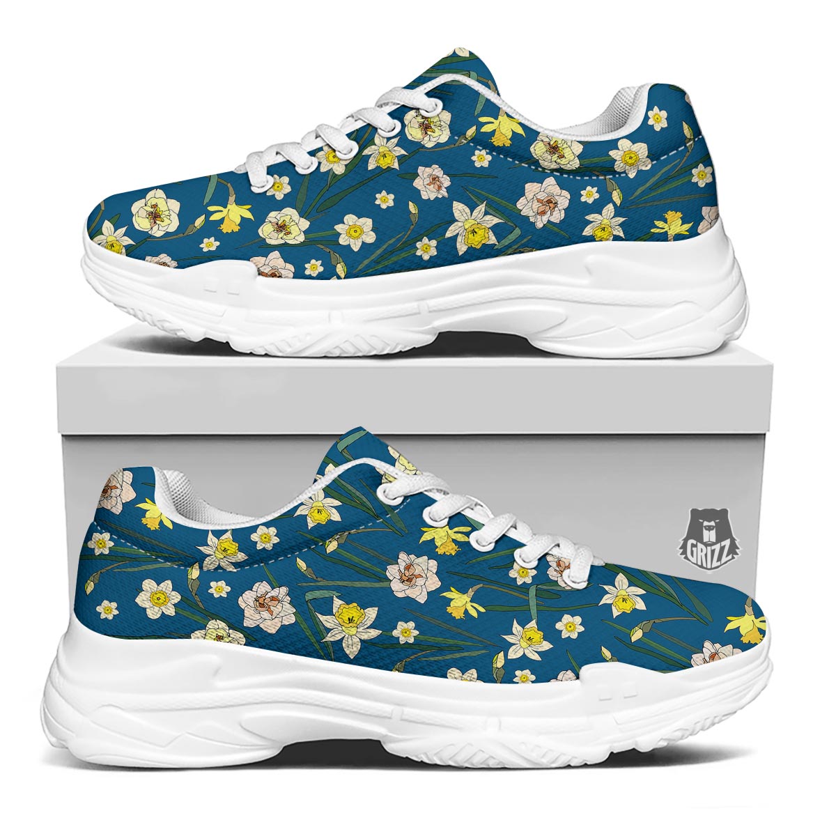 Flower Spring Daffodil Print Pattern White Chunky Shoes-grizzshop