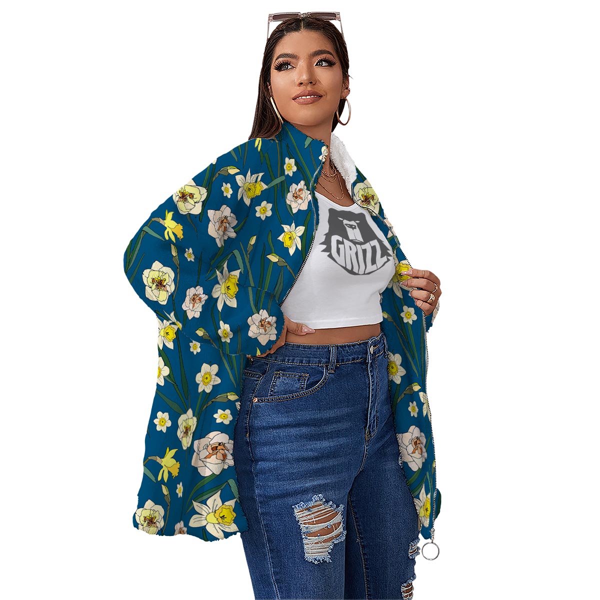 Flower Spring Daffodil Print Pattern Women's Sherpa Jacket-grizzshop