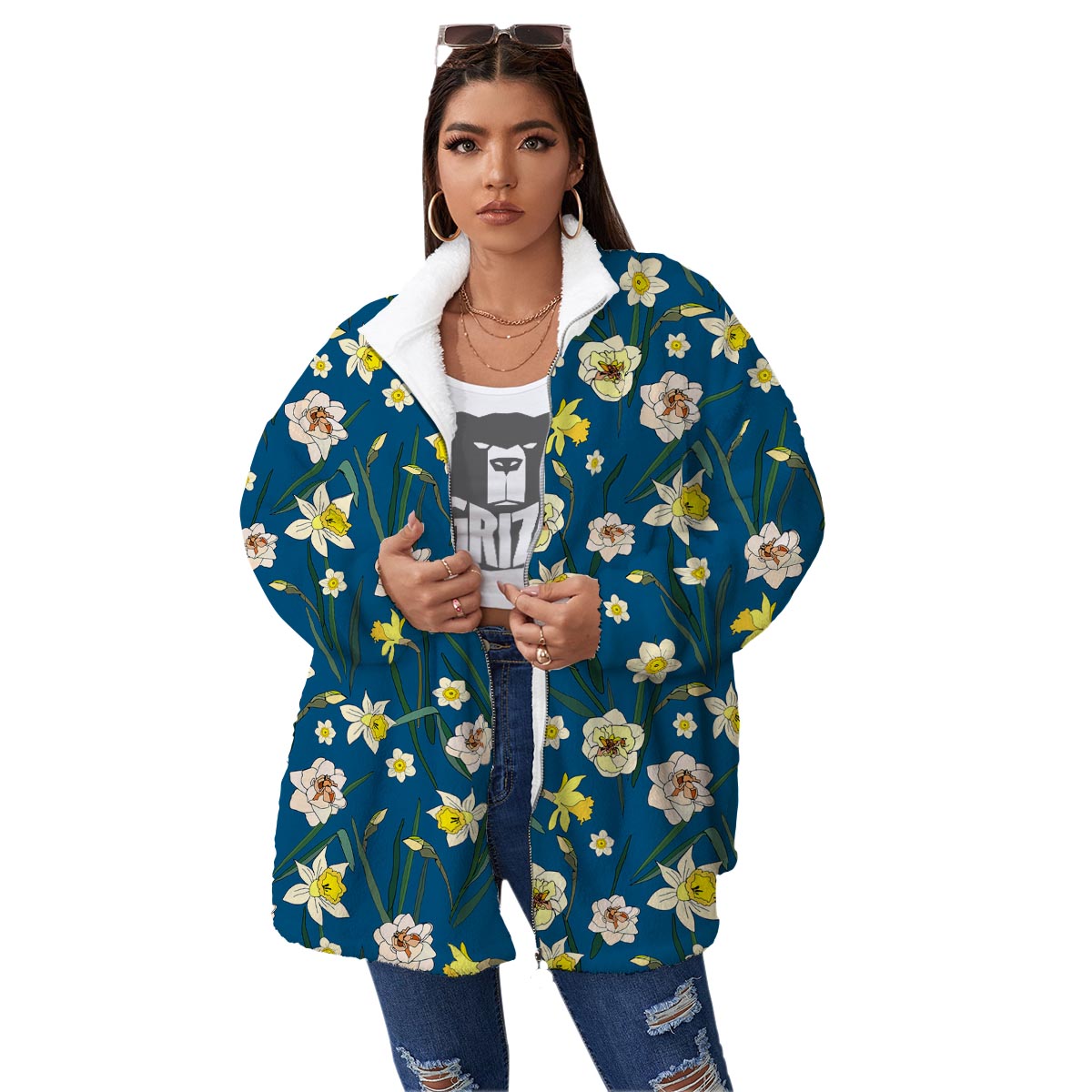 Flower Spring Daffodil Print Pattern Women's Sherpa Jacket-grizzshop