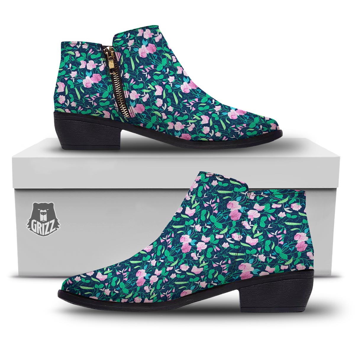 Flower Sweet Pea Print Pattern Ankle Boots-grizzshop