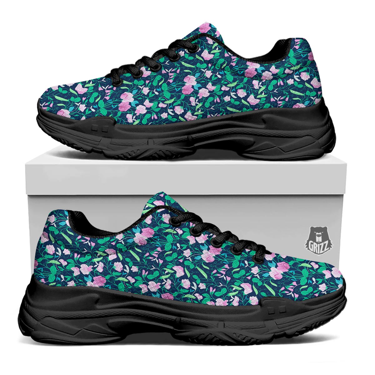 Flower Sweet Pea Print Pattern Black Chunky Shoes-grizzshop