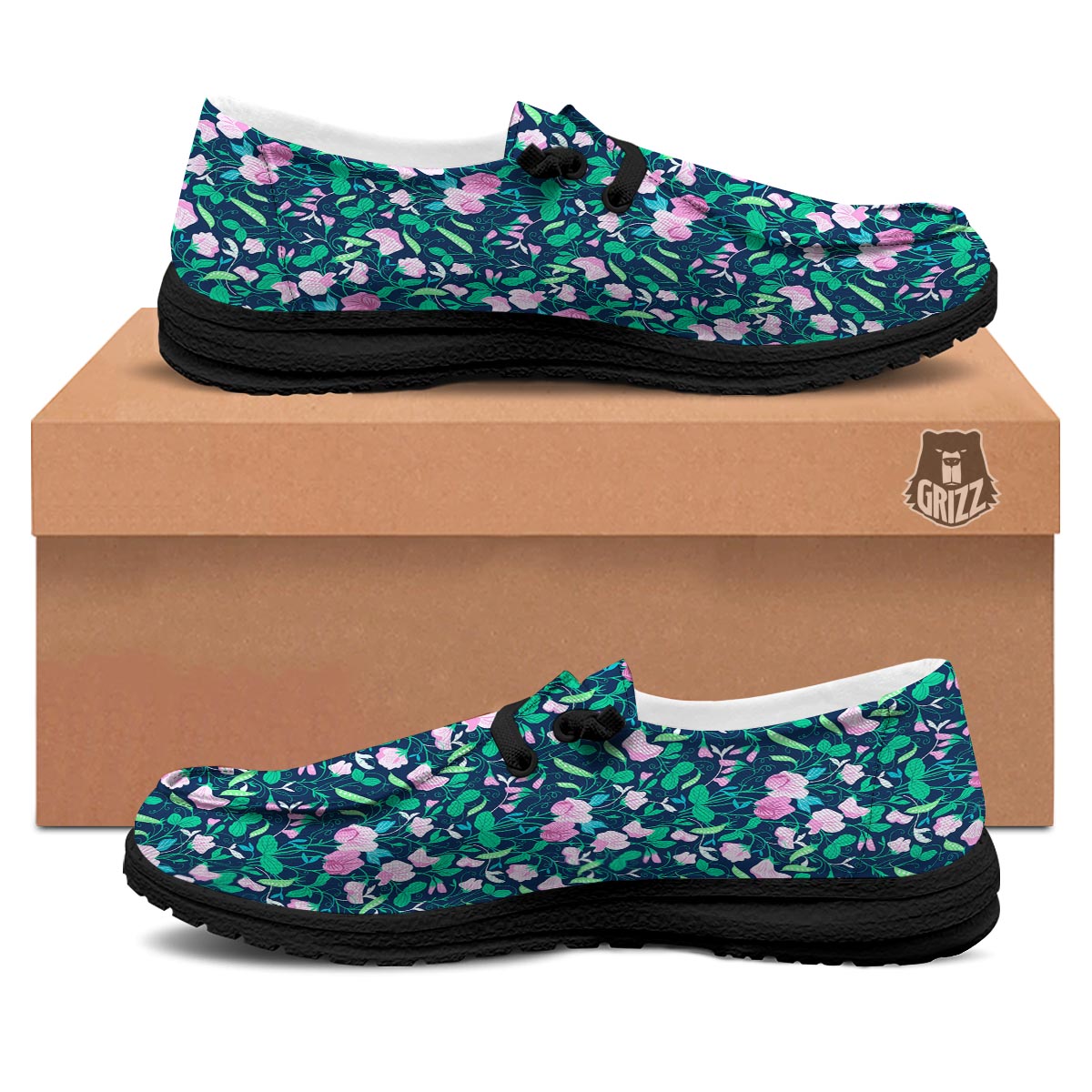 Flower Sweet Pea Print Pattern Black Loafers-grizzshop
