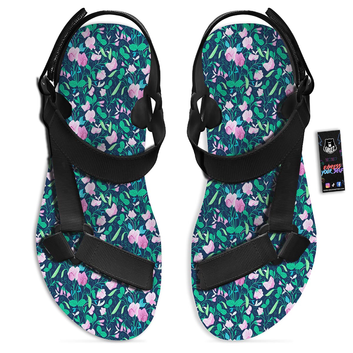 Flower Sweet Pea Print Pattern Black Open Toe Sandals-grizzshop