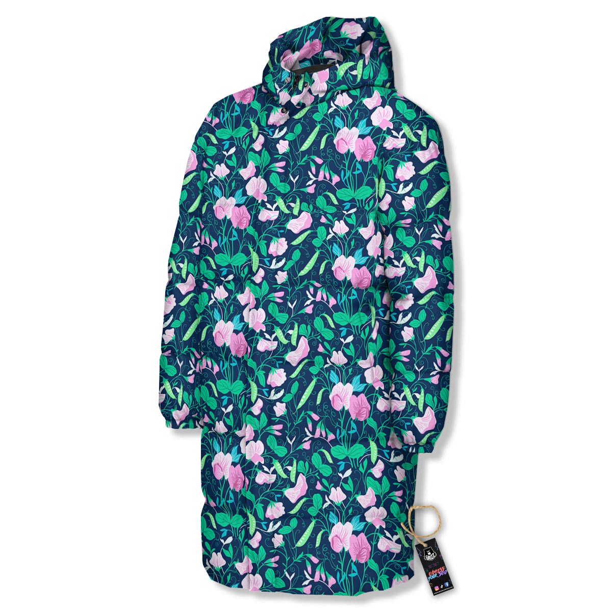 Flower Sweet Pea Print Pattern Long Down Jacket-grizzshop