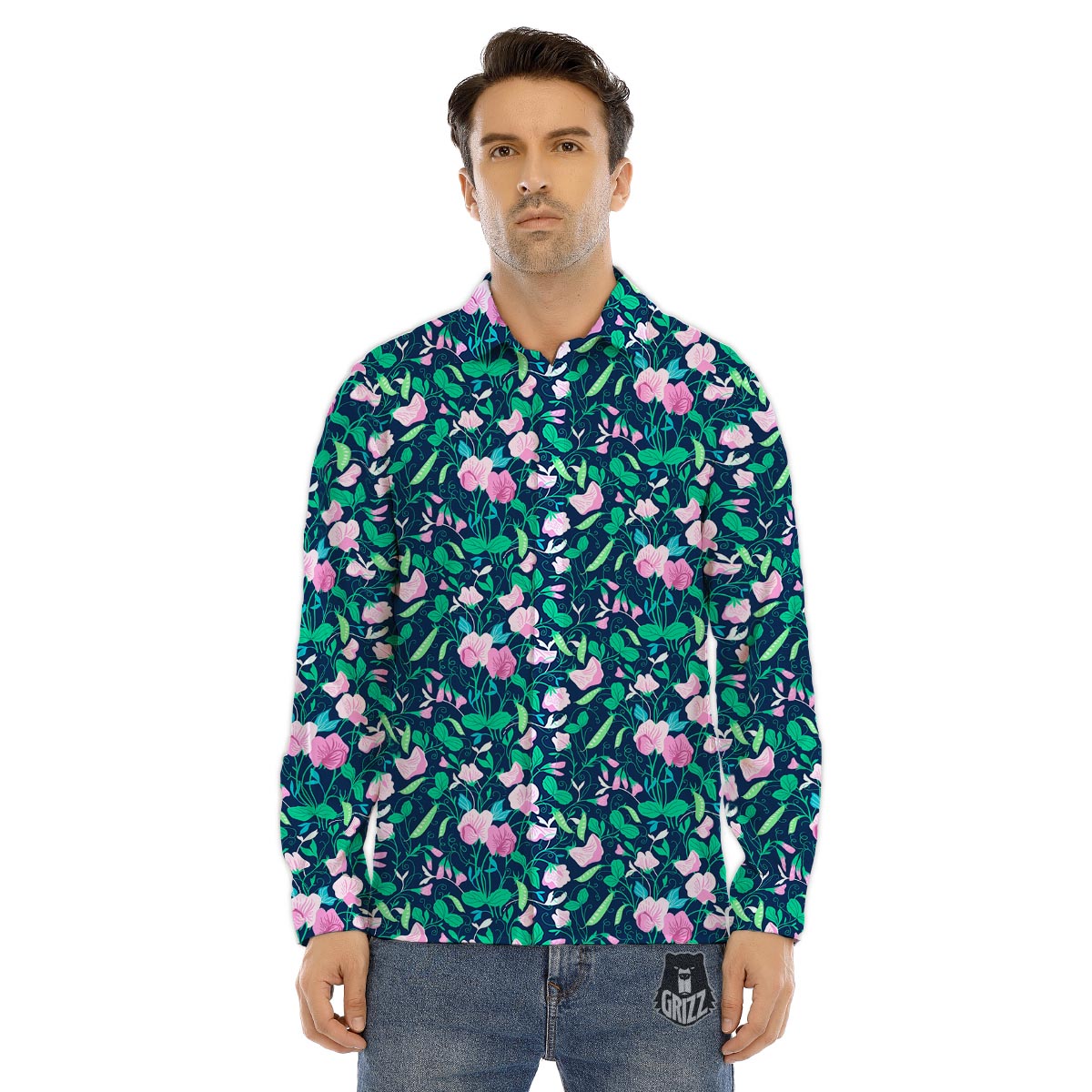 Flower Sweet Pea Print Pattern Men's Dress Shirts-grizzshop