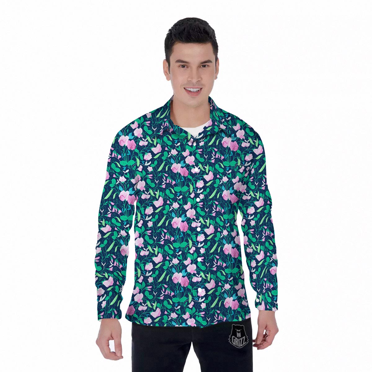 Flower Sweet Pea Print Pattern Men's Long Sleeve Shirts-grizzshop