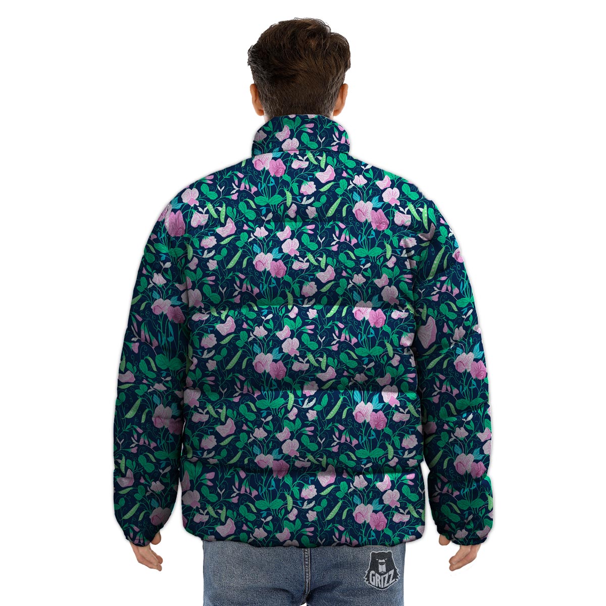 Flower Sweet Pea Print Pattern Puffer Jacket-grizzshop