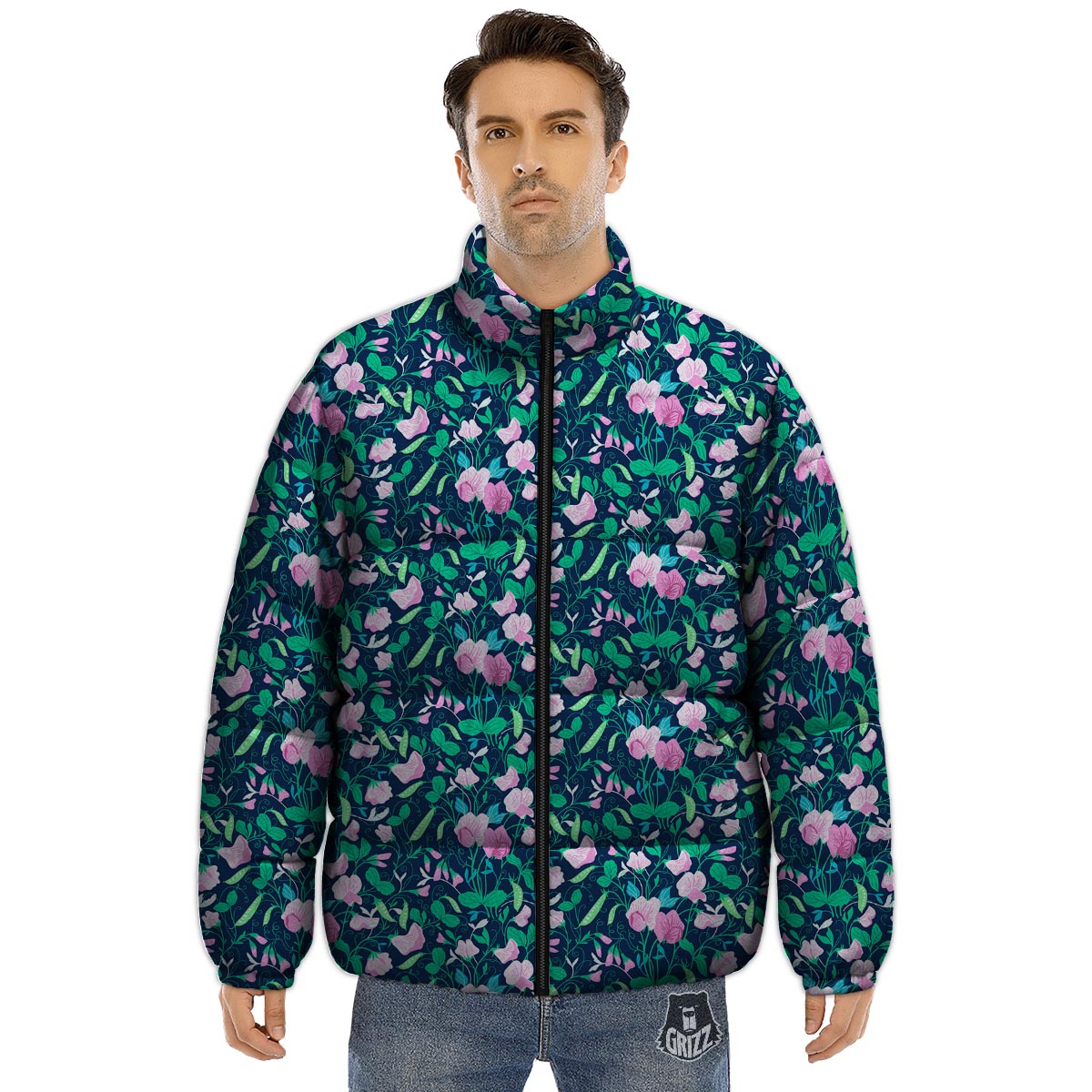 Flower Sweet Pea Print Pattern Puffer Jacket-grizzshop
